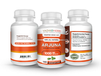 Vadik Herbs Terminalia arjuna one hundred and eighty vegetarian capsules bottle label