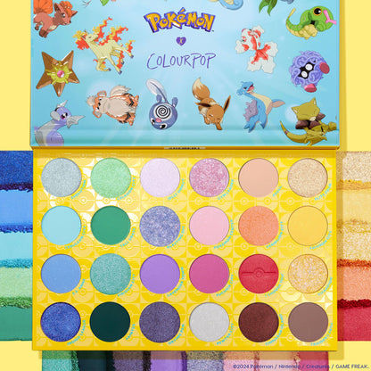 Open ColourPop PokÃ©mon palette showing 24 vibrant eyeshadow shades