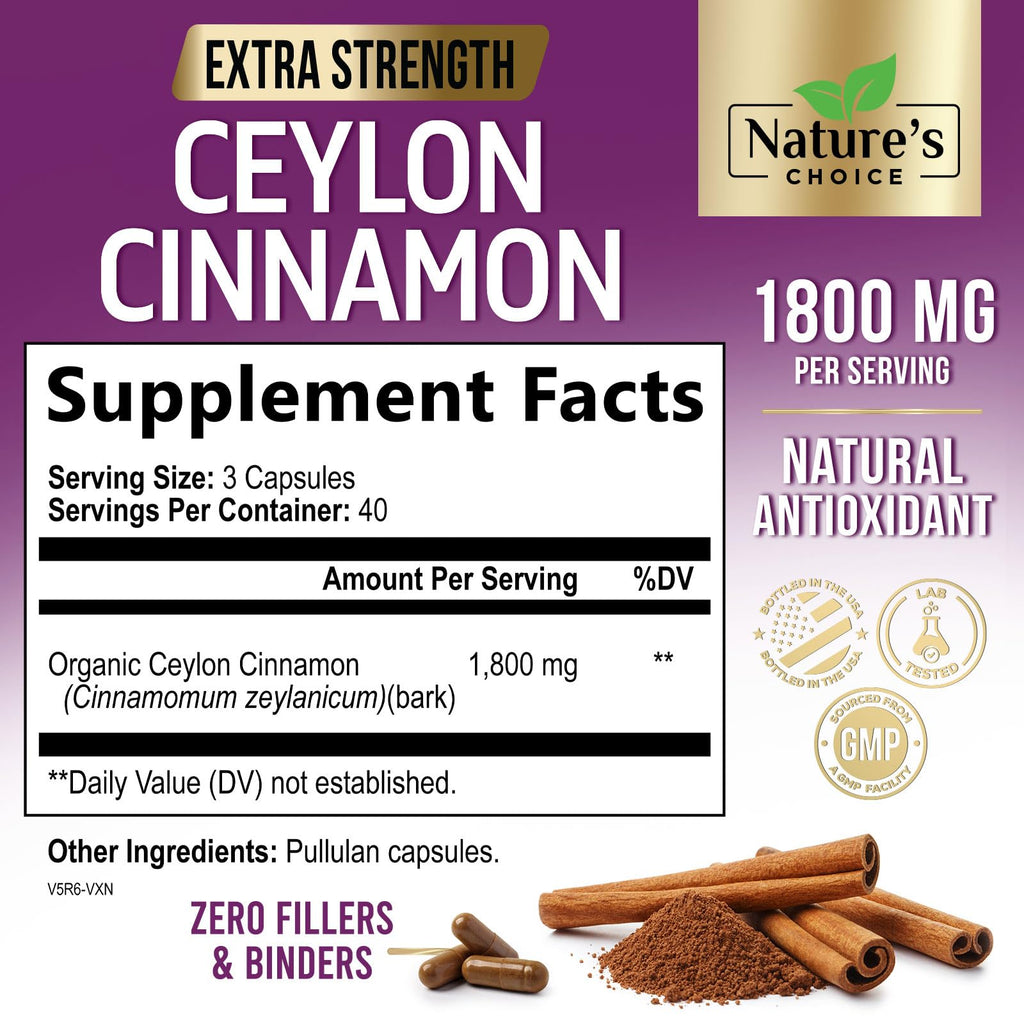 Nature's Choice Ceylon Cinnamon 120 capsules label detail