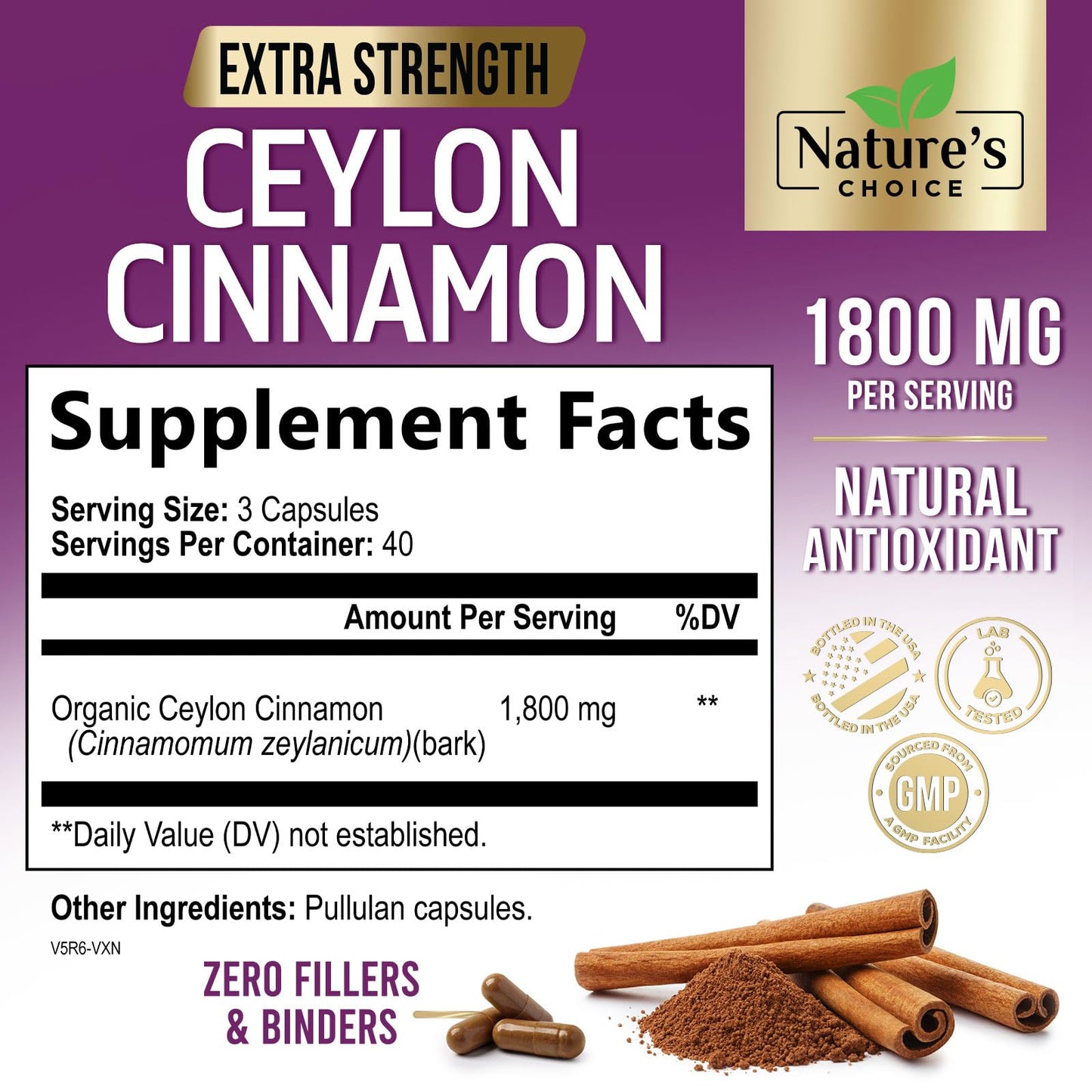 Nature's Choice Ceylon Cinnamon 120 capsules label detail