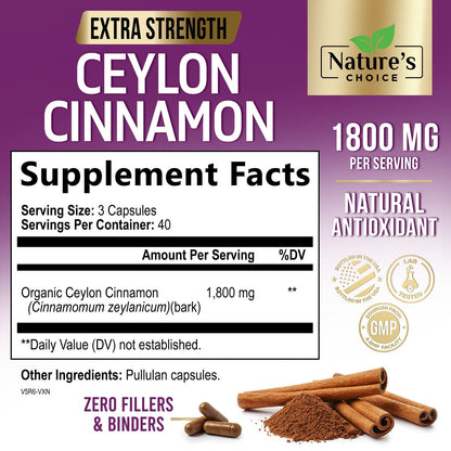 Nature's Choice Ceylon Cinnamon 120 capsules label detail