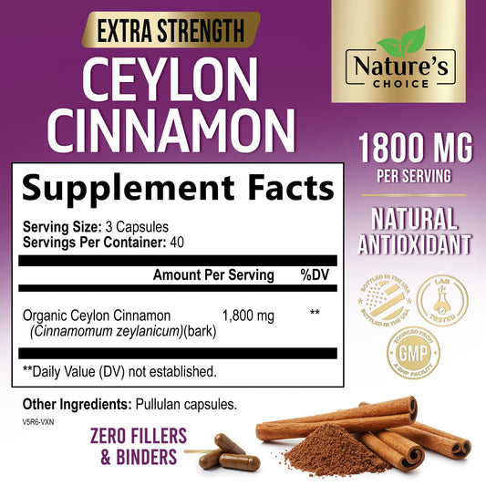 Nature's Choice Ceylon Cinnamon 120 capsules label detail