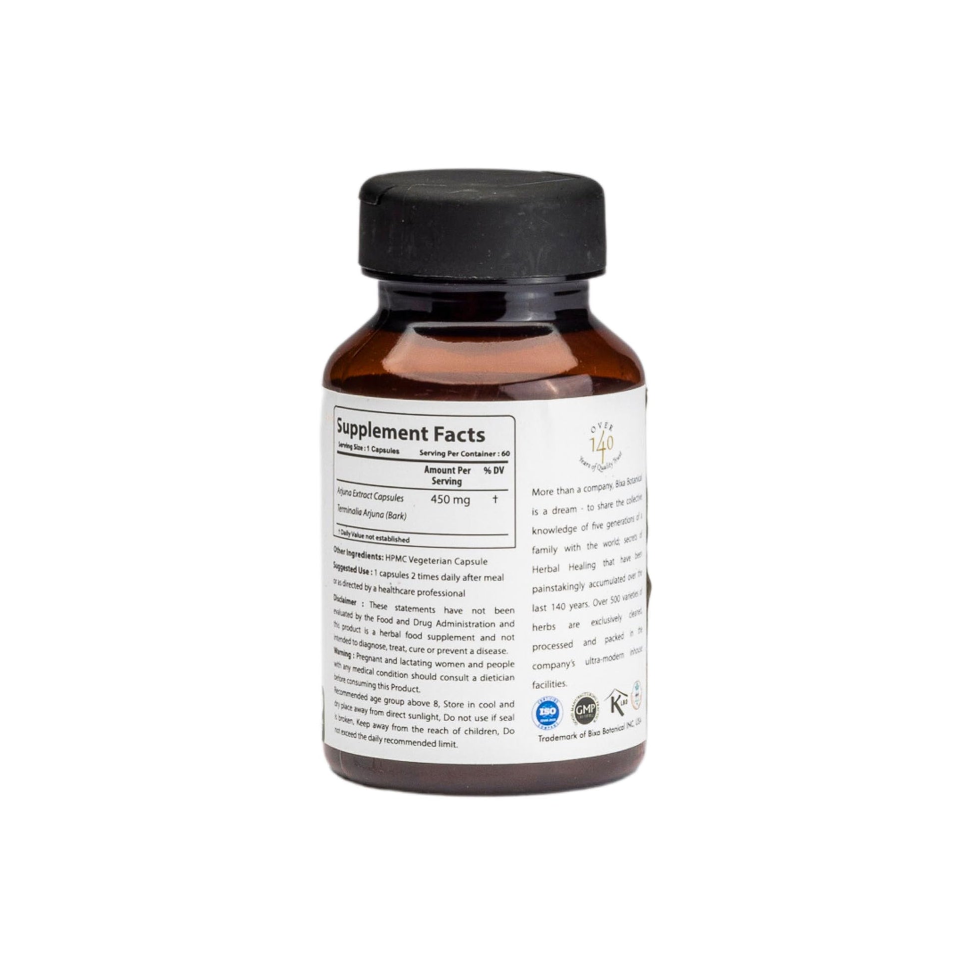 Bixa Botanical Terminalia Arjuna bark extract 450 milligrams supplement facts panel