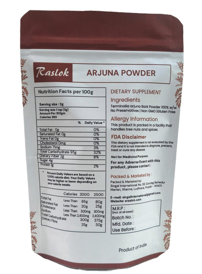 Pure brown Terminalia Arjuna bark powder from Raslok displayed next to its original product container.