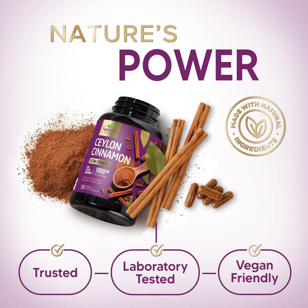 Nature's Choice 1800mg cinnamon capsules bottle in packaging