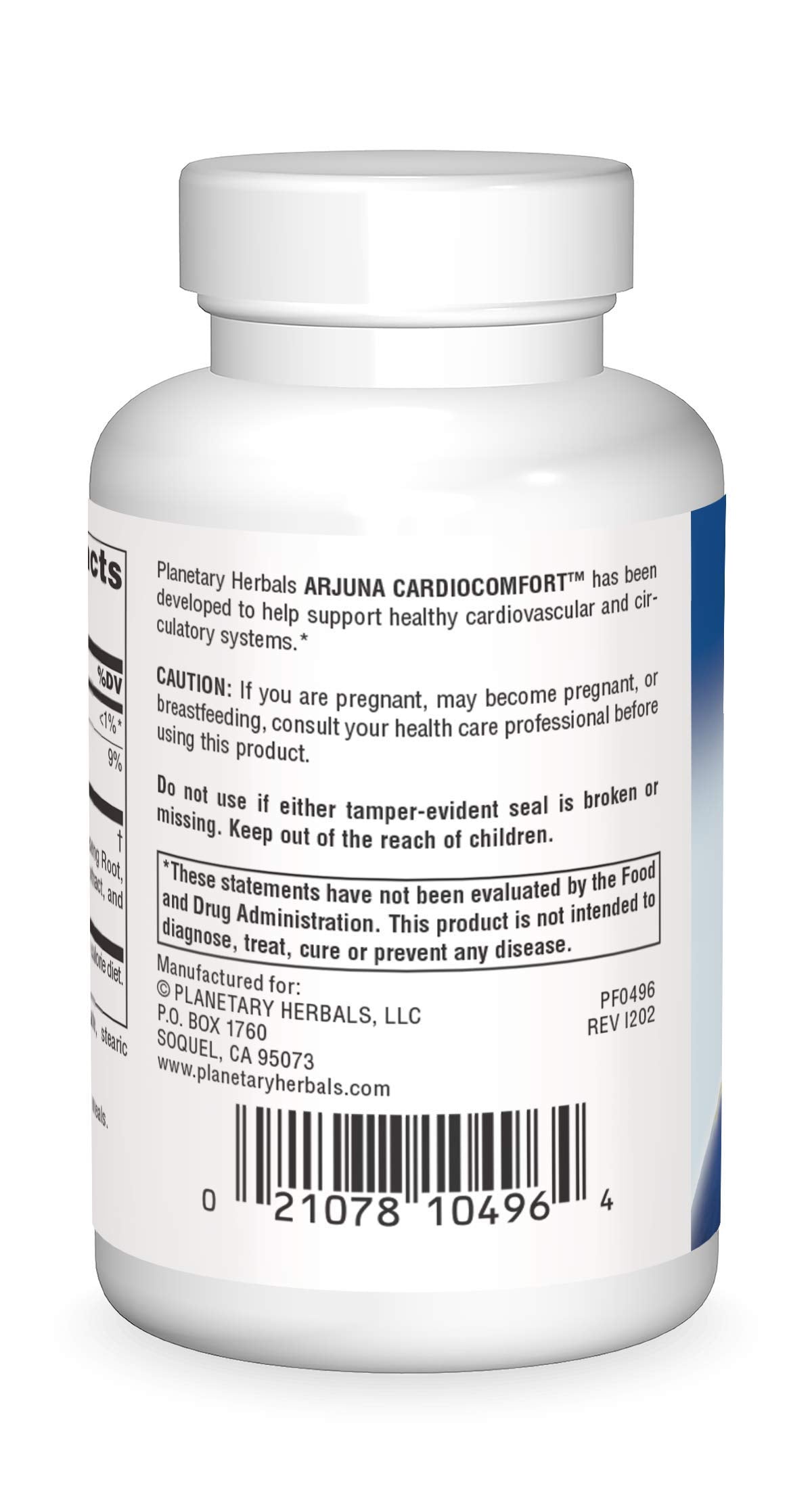 Planetary Herbals Arjuna Cardio Comfort side label displaying proprietary blend ingredients and 460 milligrams dosage.