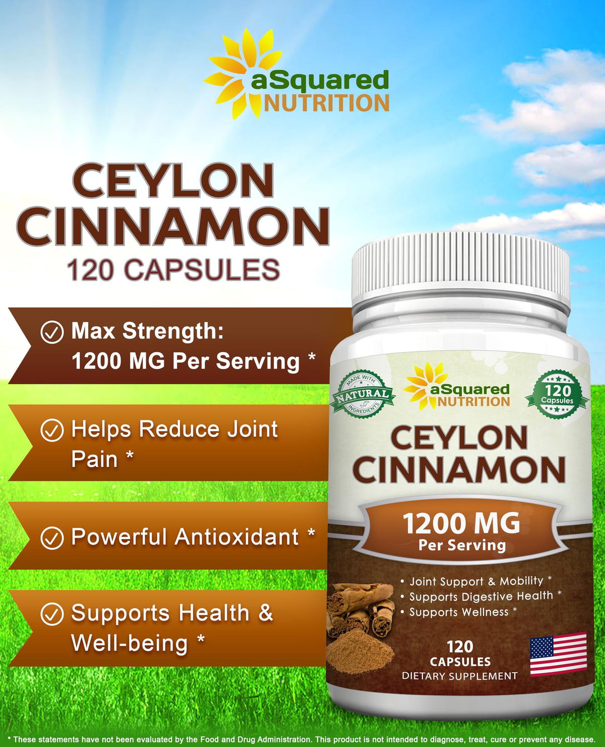 ASquared Nutrition Ceylon Cinnamon supplement bottle label details