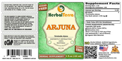Alcohol-free Arjuna Terminalia liquid herbal tincture label details highlighting the certified organic and non-GMO ingredients.