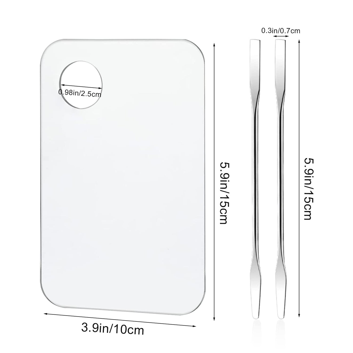Two clear acrylic makeup mixing trays with thumb holes