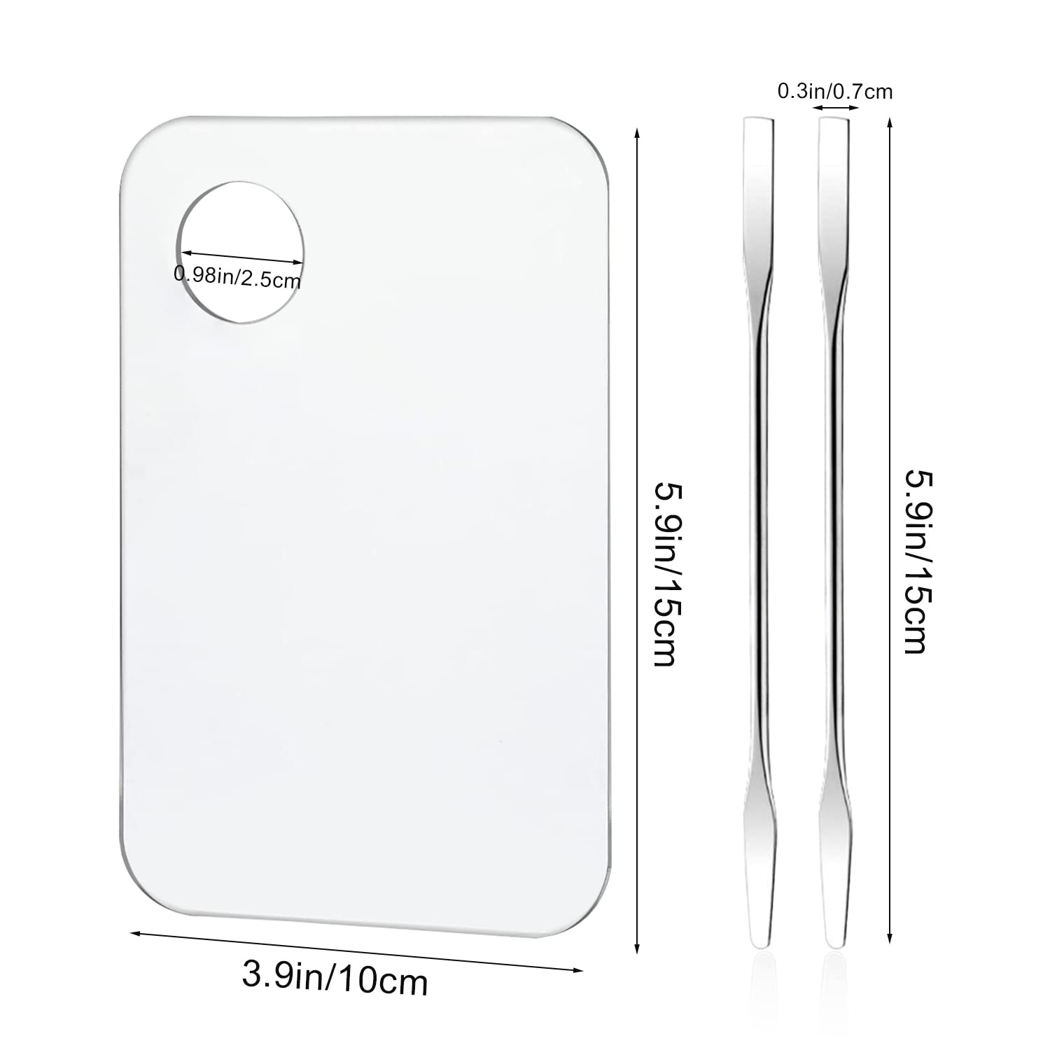Two clear acrylic makeup mixing trays with thumb holes