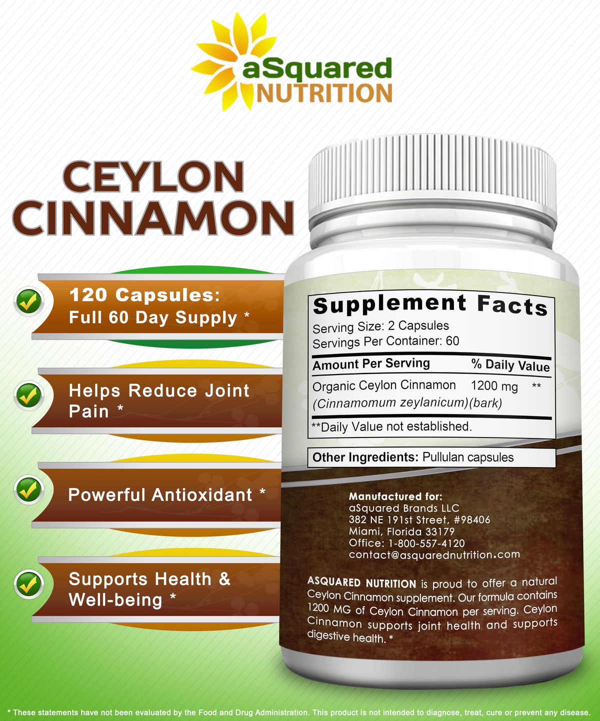 Natural Ceylon Cinnamon 1200mg bottle with health icons