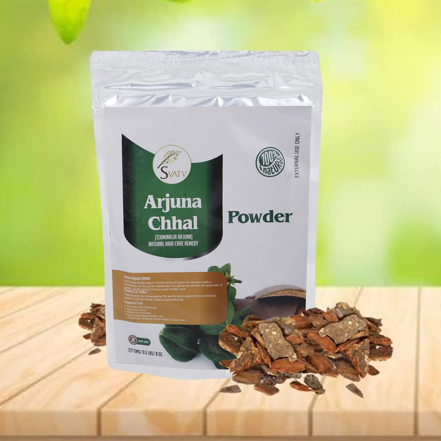 Svatv Arjuna Chhal powder texture close up showing pure botanical consistency