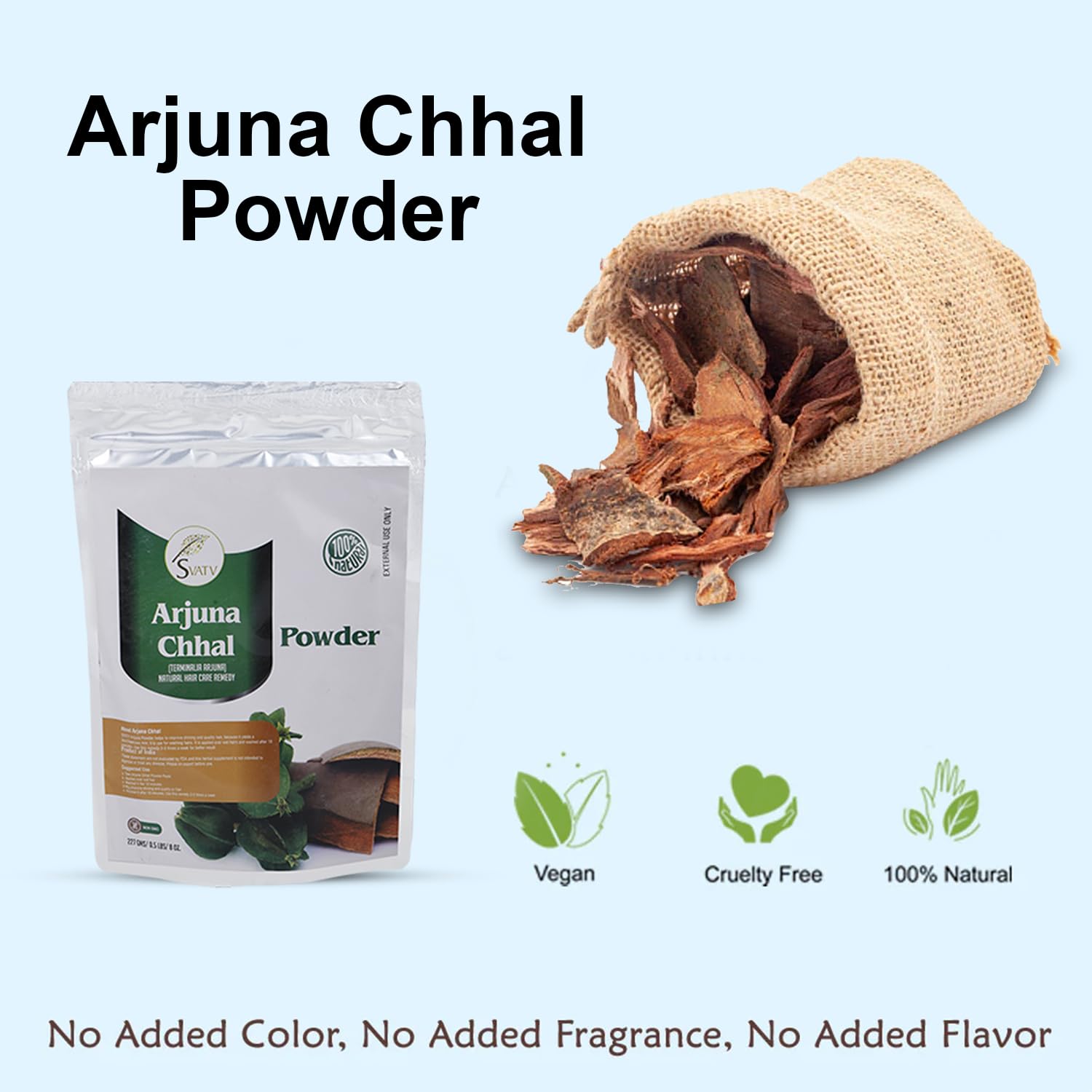 Back label details of Svatv Terminalia Arjuna powder with usage instructions