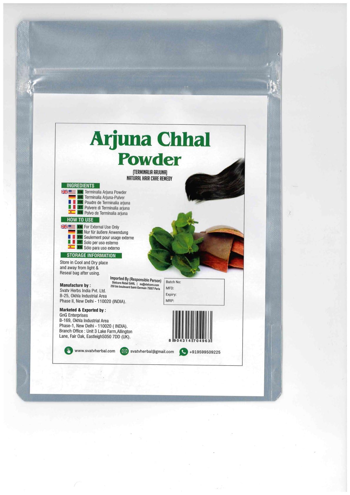 Svatv Arjuna Bark Powder bag showing non GMO and vegan certifications