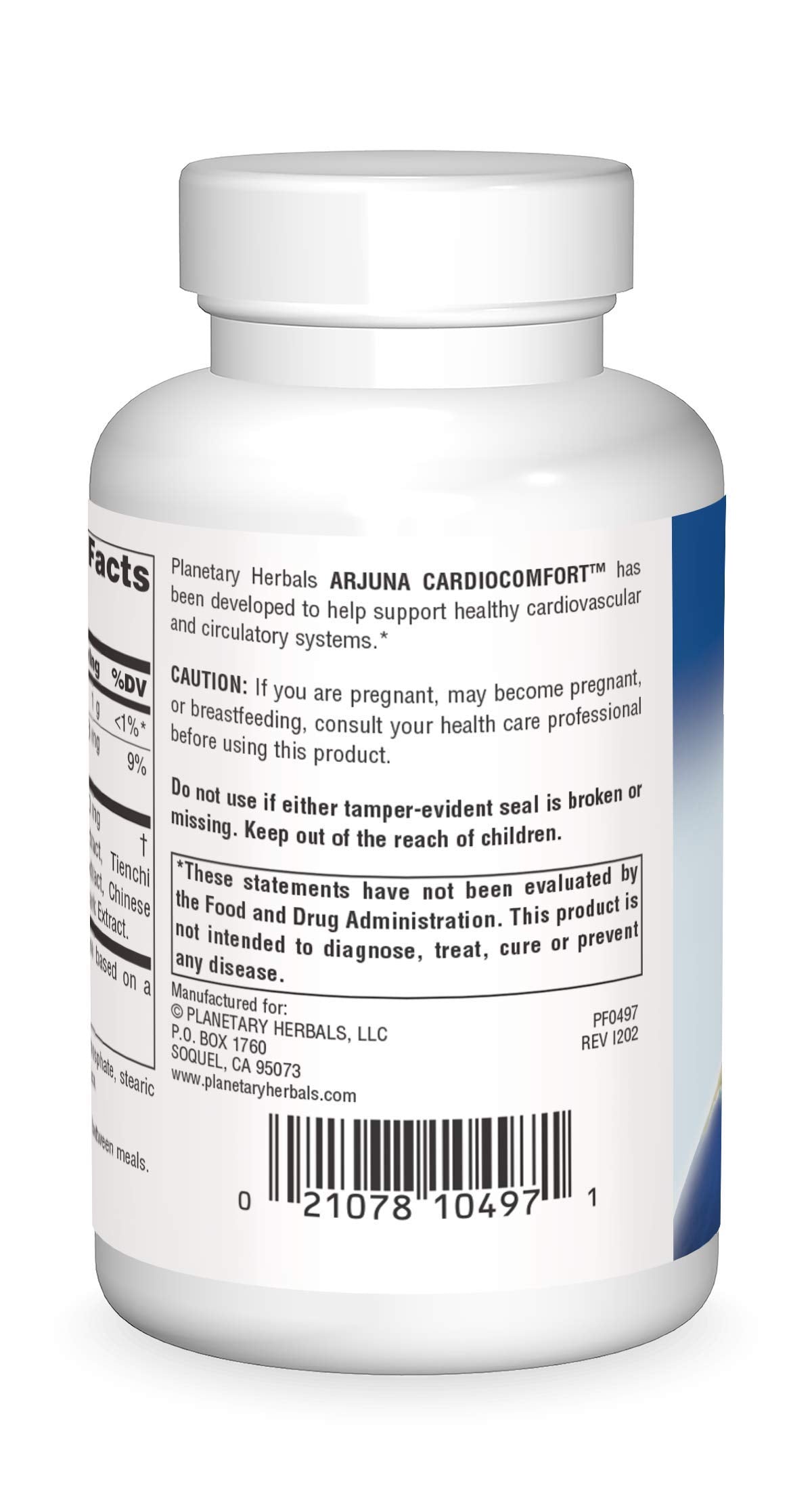 Planetary Herbals Arjuna CardioComfort 120 Tablets side label detailing the premium herbal supplement facts