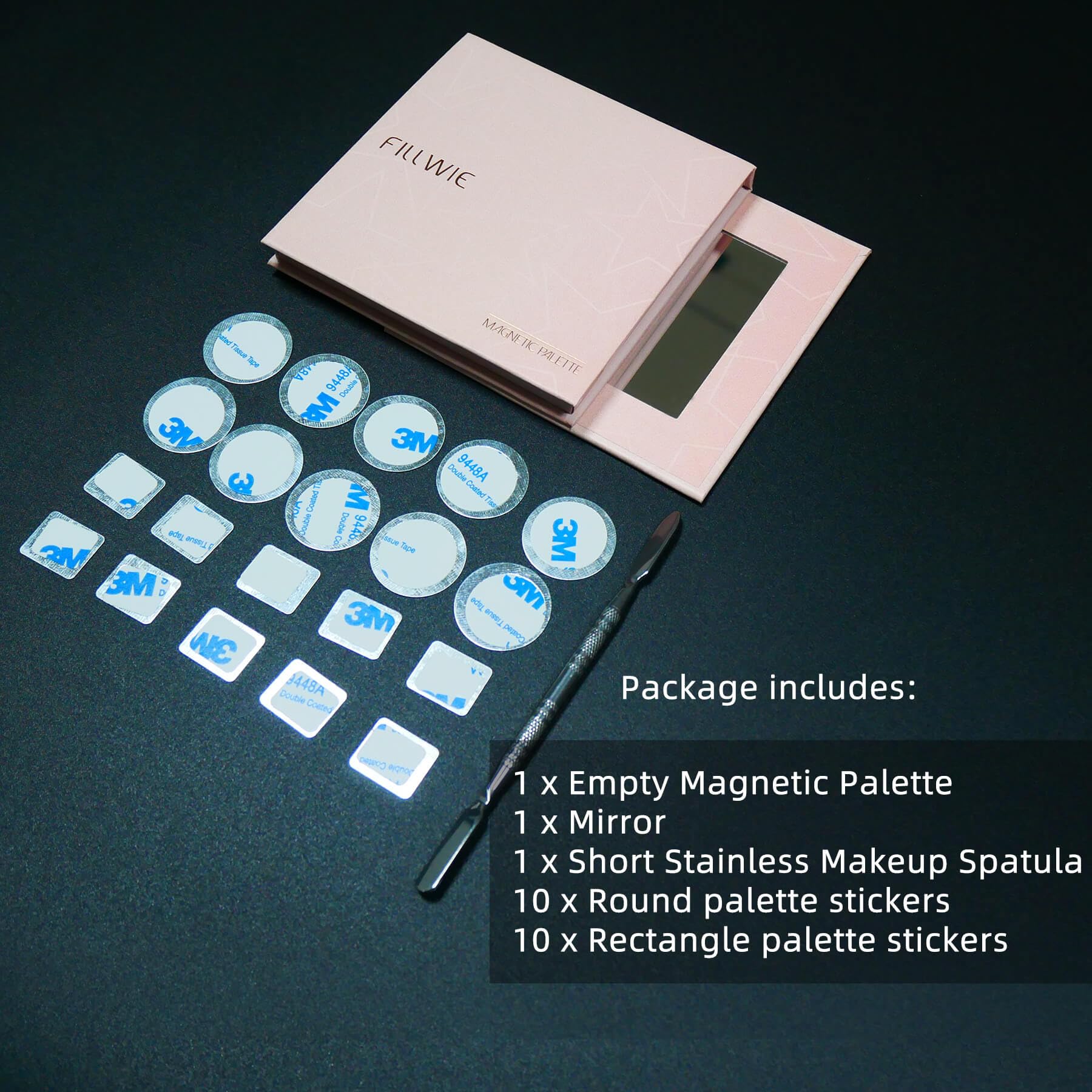 Fillwie palette kit including spatula and adhesive metal stickers