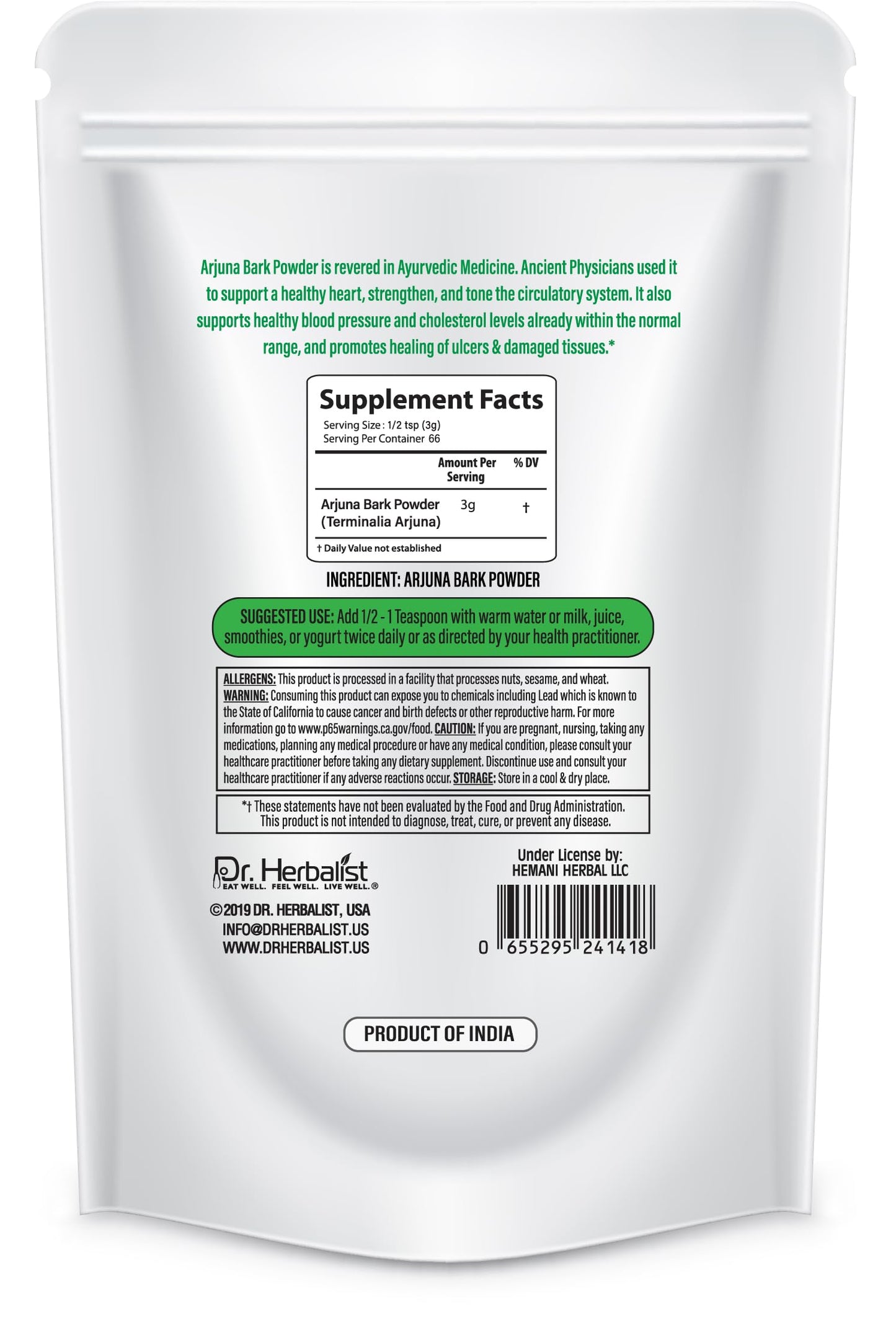Close up view of the Dr. Herbalist brand logo and product directions on the back label.