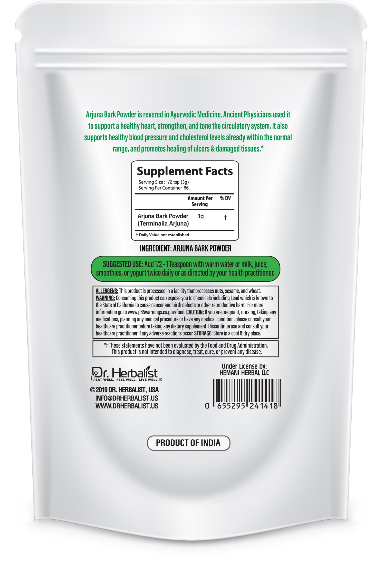Close up view of the Dr. Herbalist brand logo and product directions on the back label.