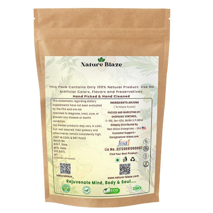 Finely ground Terminalia arjuna raw bark supplement powder next to its resealable container.