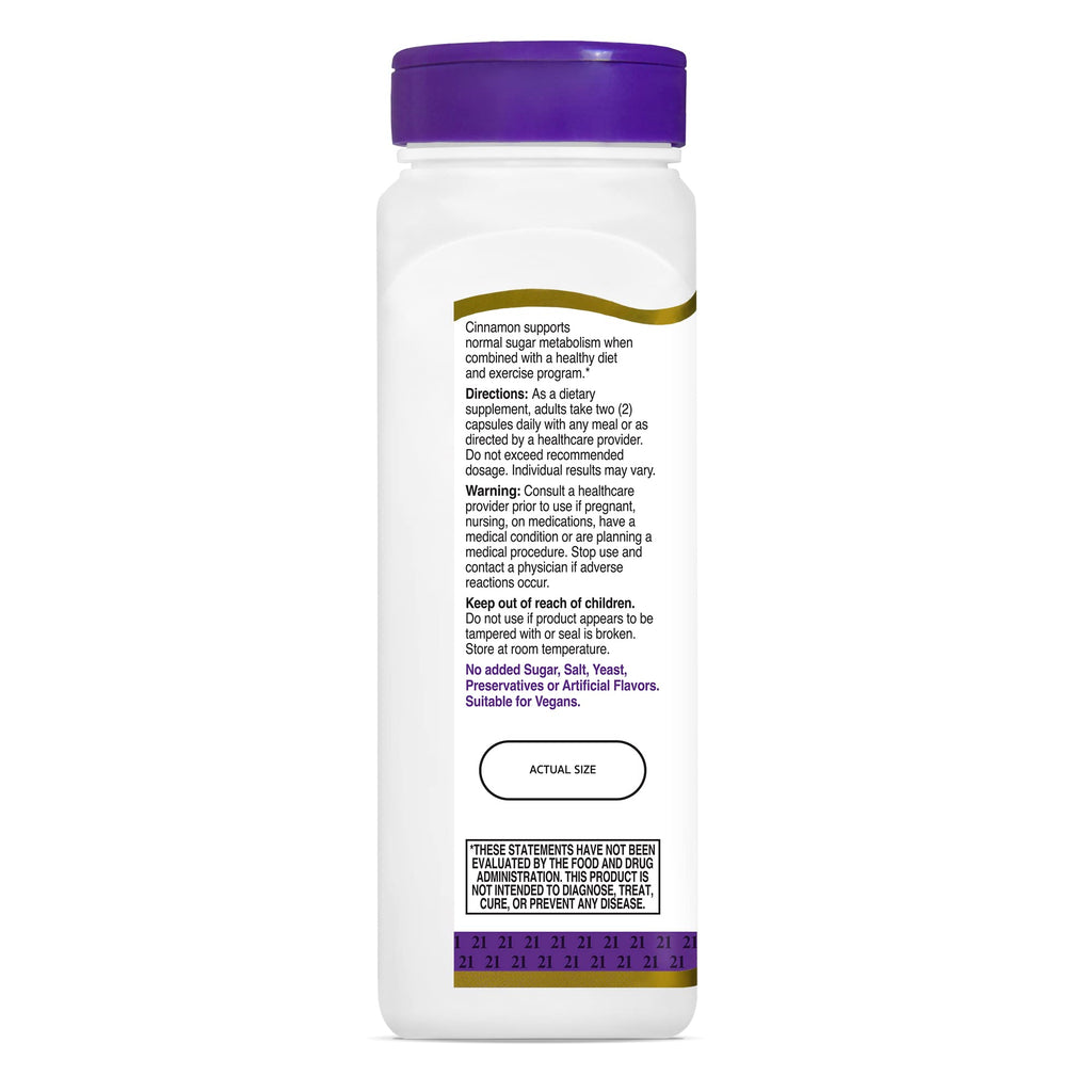 Close up of 21st Century cinnamon supplement label details
