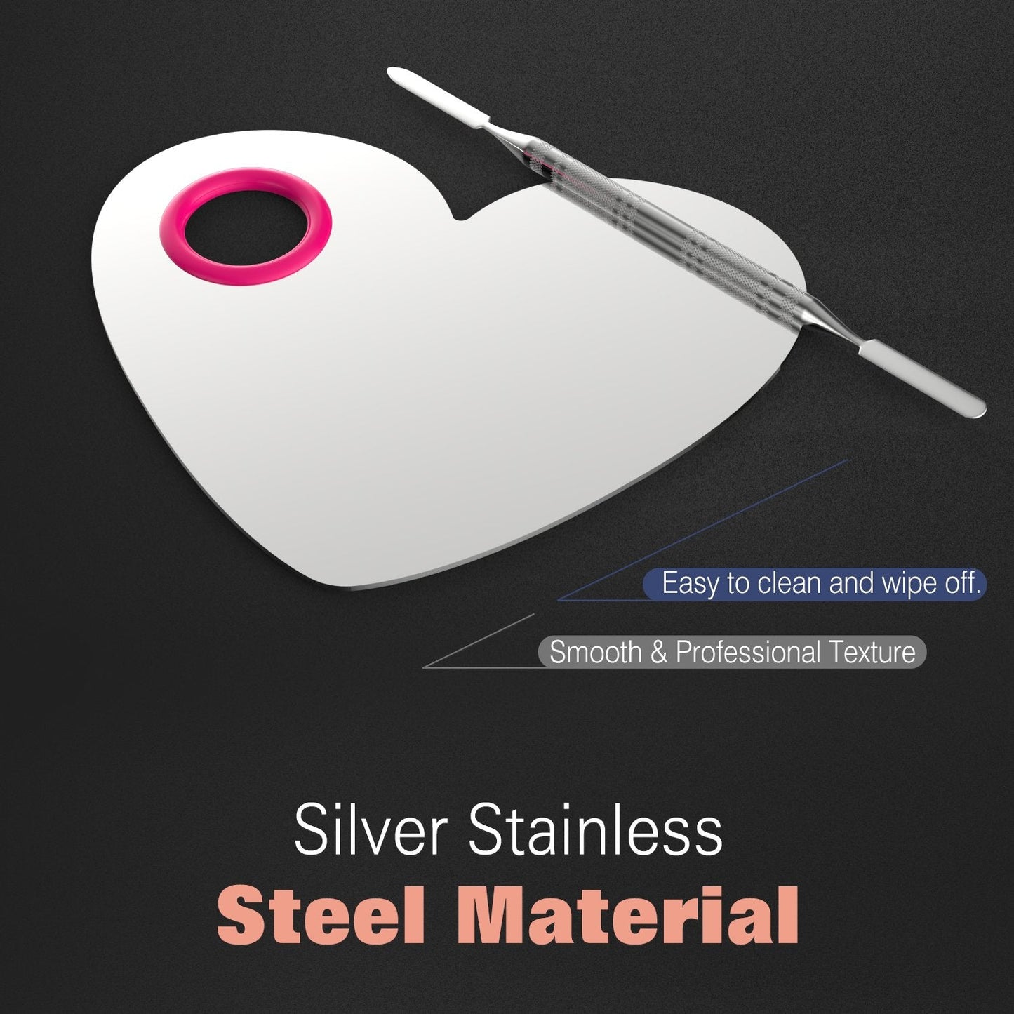 Hand holding heart shaped stainless steel makeup palette by thumb hole