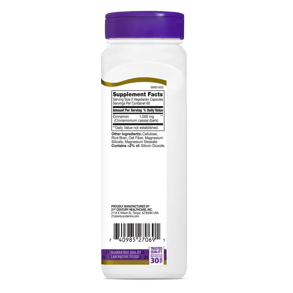 Back label of 21st Century cinnamon capsules showing ingredients