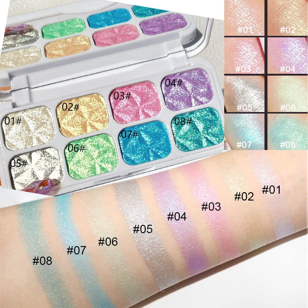 Model showing swatches of Evpct 8 color makeup palette