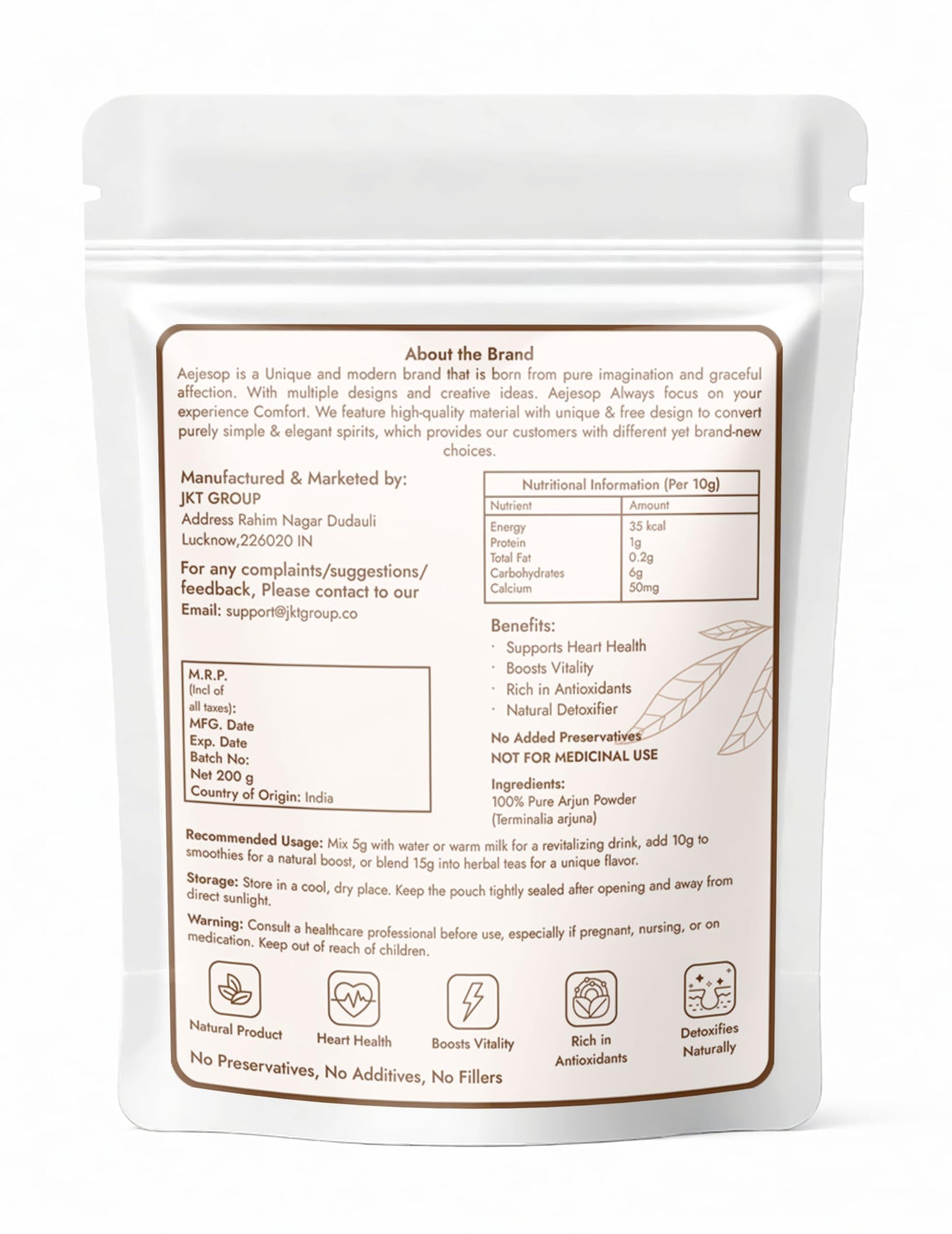 Back label view of Aejesop Arjuna powder displaying ingredient transparency and allergen-free compliance details.