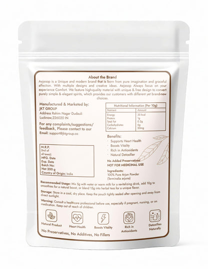 Back label view of Aejesop Arjuna powder displaying ingredient transparency and allergen-free compliance details.