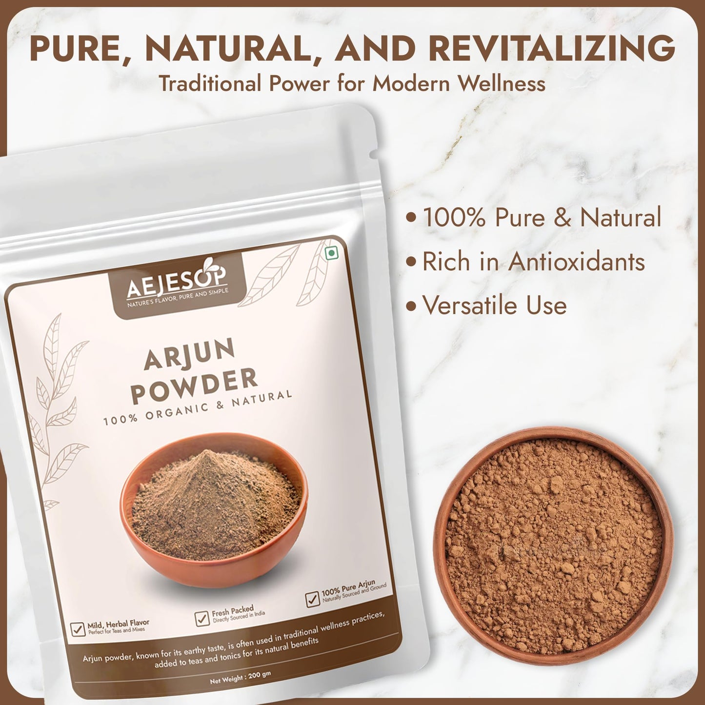 Finely ground texture of pure organic Terminalia arjuna bark powder alongside the resealable pouch.