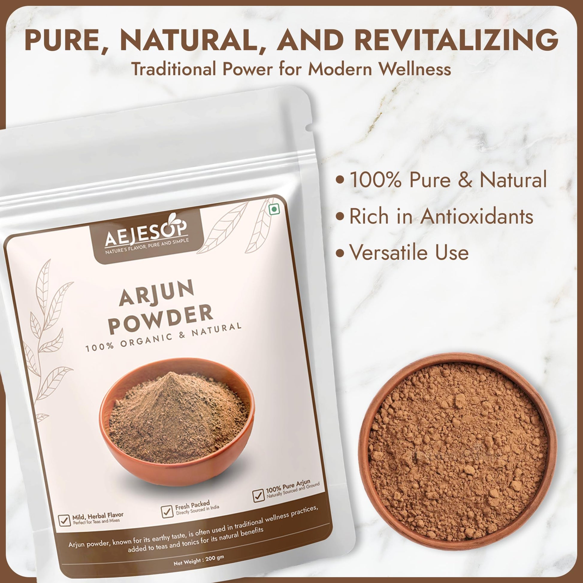 Finely ground texture of pure organic Terminalia arjuna bark powder alongside the resealable pouch.