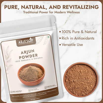 Finely ground texture of pure organic Terminalia arjuna bark powder alongside the resealable pouch.