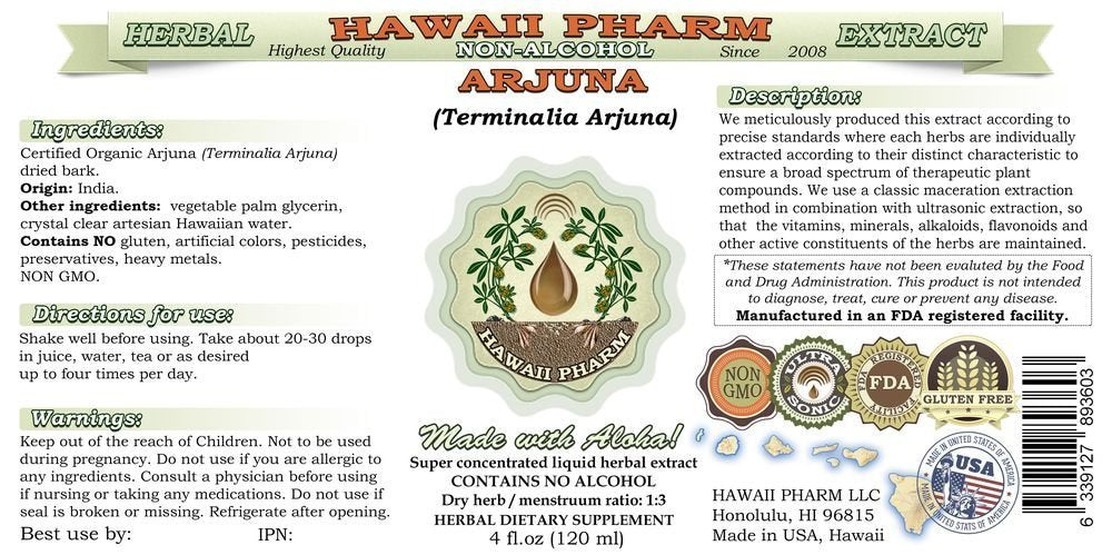 Hawaii Pharm Terminalia Arjuna dried bark glycerite liquid dietary supplement 4 ounce dropper bottle details.