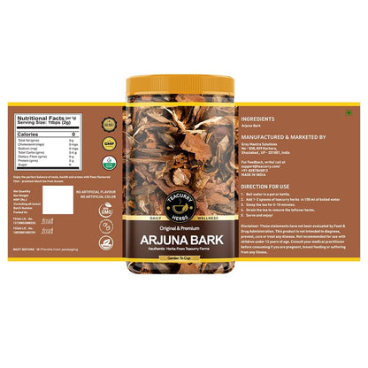 Teacurry Terminalia arjuna bark back label displaying usage instructions and shelf life