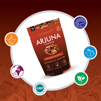 Two 100g packs of Herb Essential Arjun Chaal powder for cardiovascular wellness.