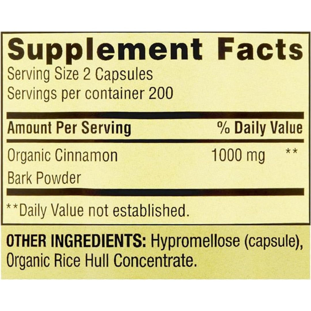 Spring Valley Cinnamon 400 vegetarian capsules bottle label