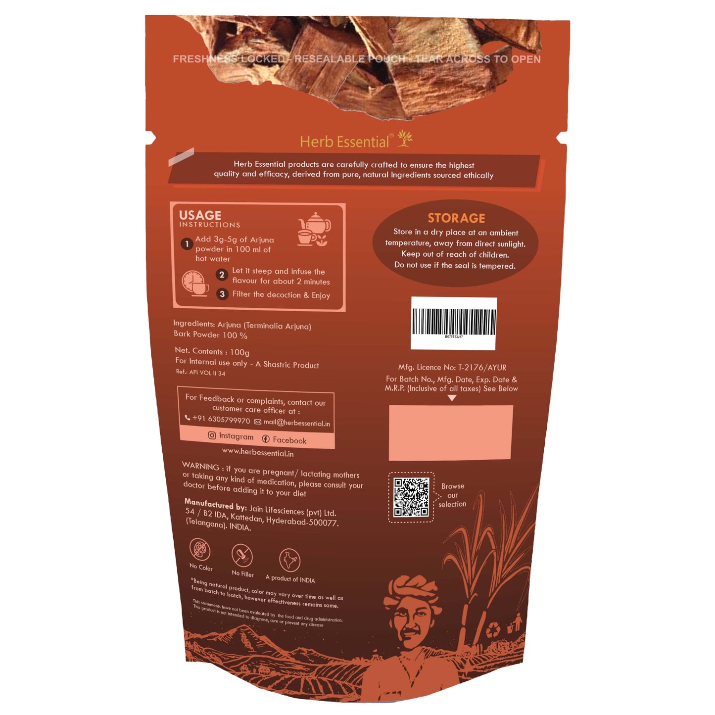 Vegan and paraben-free raw Terminalia Arjuna bark supplement nutritional facts.