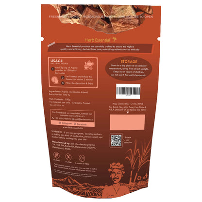 Vegan and paraben-free raw Terminalia Arjuna bark supplement nutritional facts.