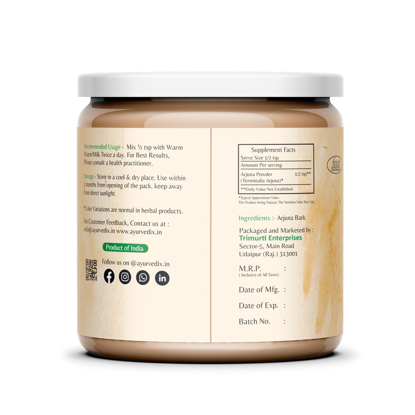 Ayurvedix Arjun Ki Chaal 200g herbal powder container displaying nutritional facts.