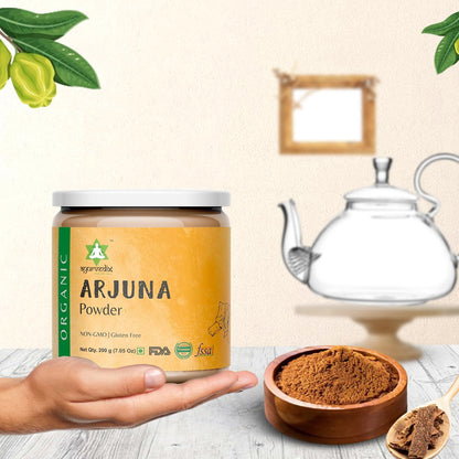 Terminalia arjuna bark fine powder supplement inside organic jar packaging.