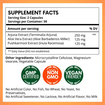 Ayurmed Arjuna plant based capsules supplement nutrition facts label showing ingredients