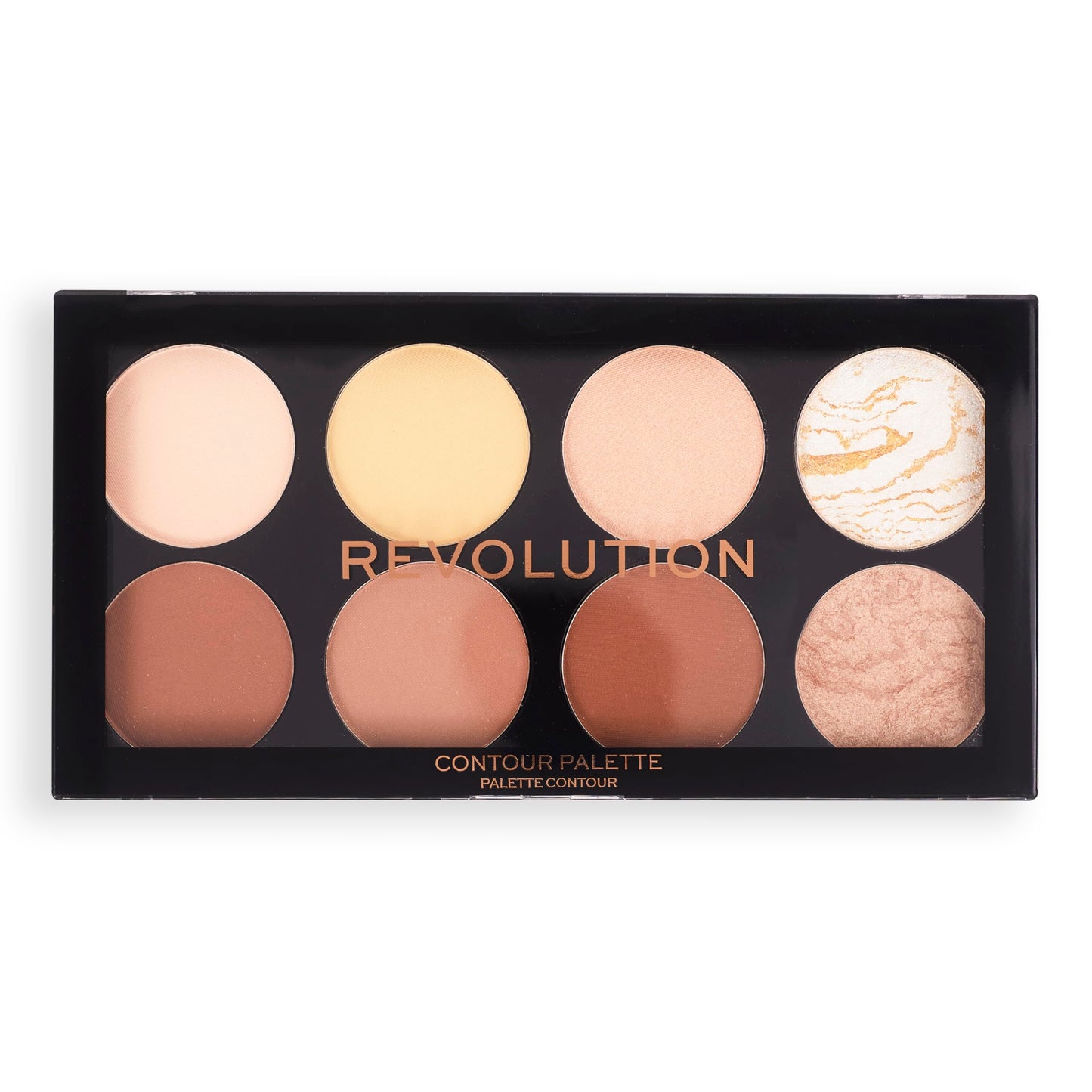 Close up of 6 contour shades and 2 baked highlighters in palette