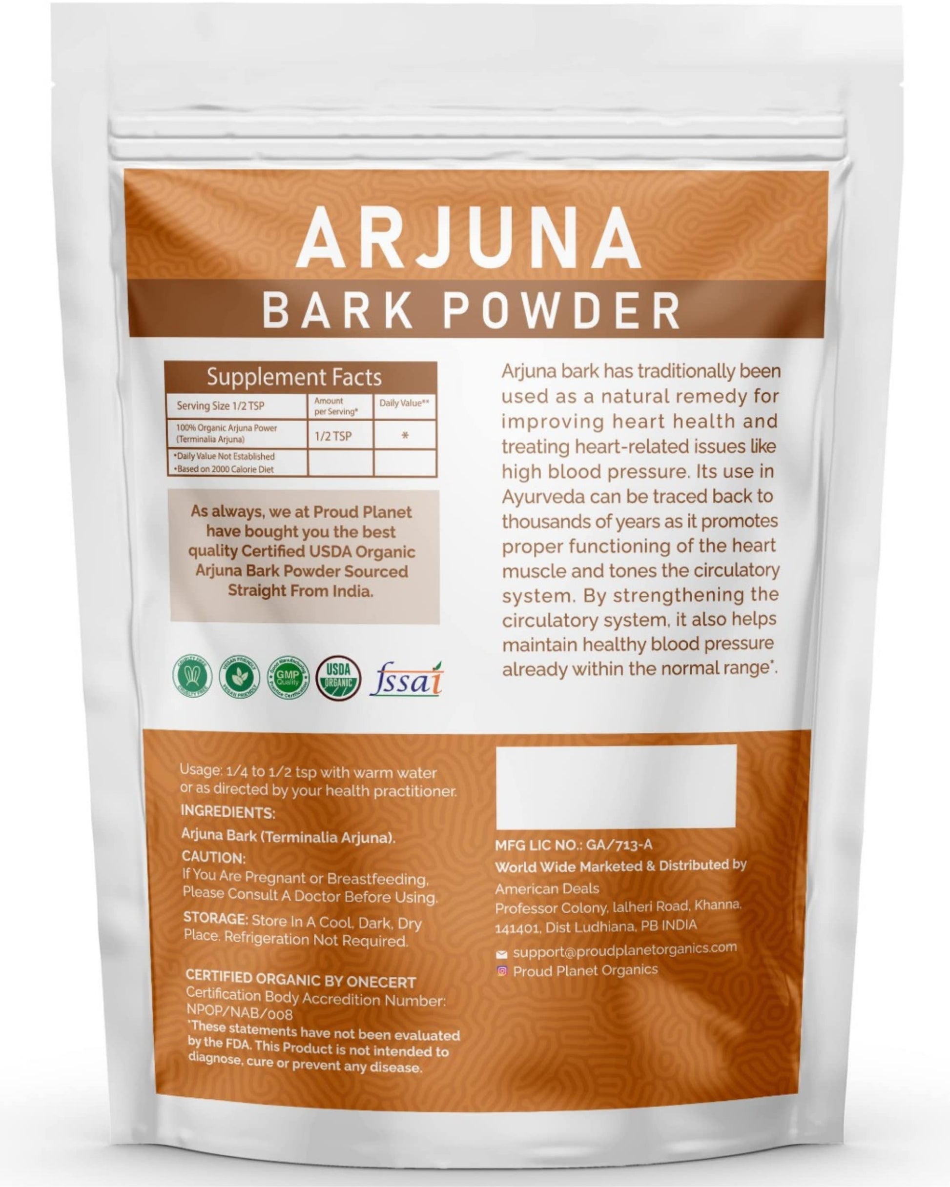 ProudPlanet Terminalia Arjuna herbal heart tonic powder side view showing USDA organic seal.
