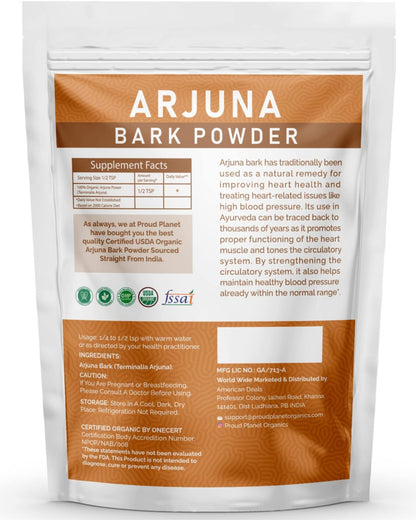 ProudPlanet Terminalia Arjuna herbal heart tonic powder side view showing USDA organic seal.