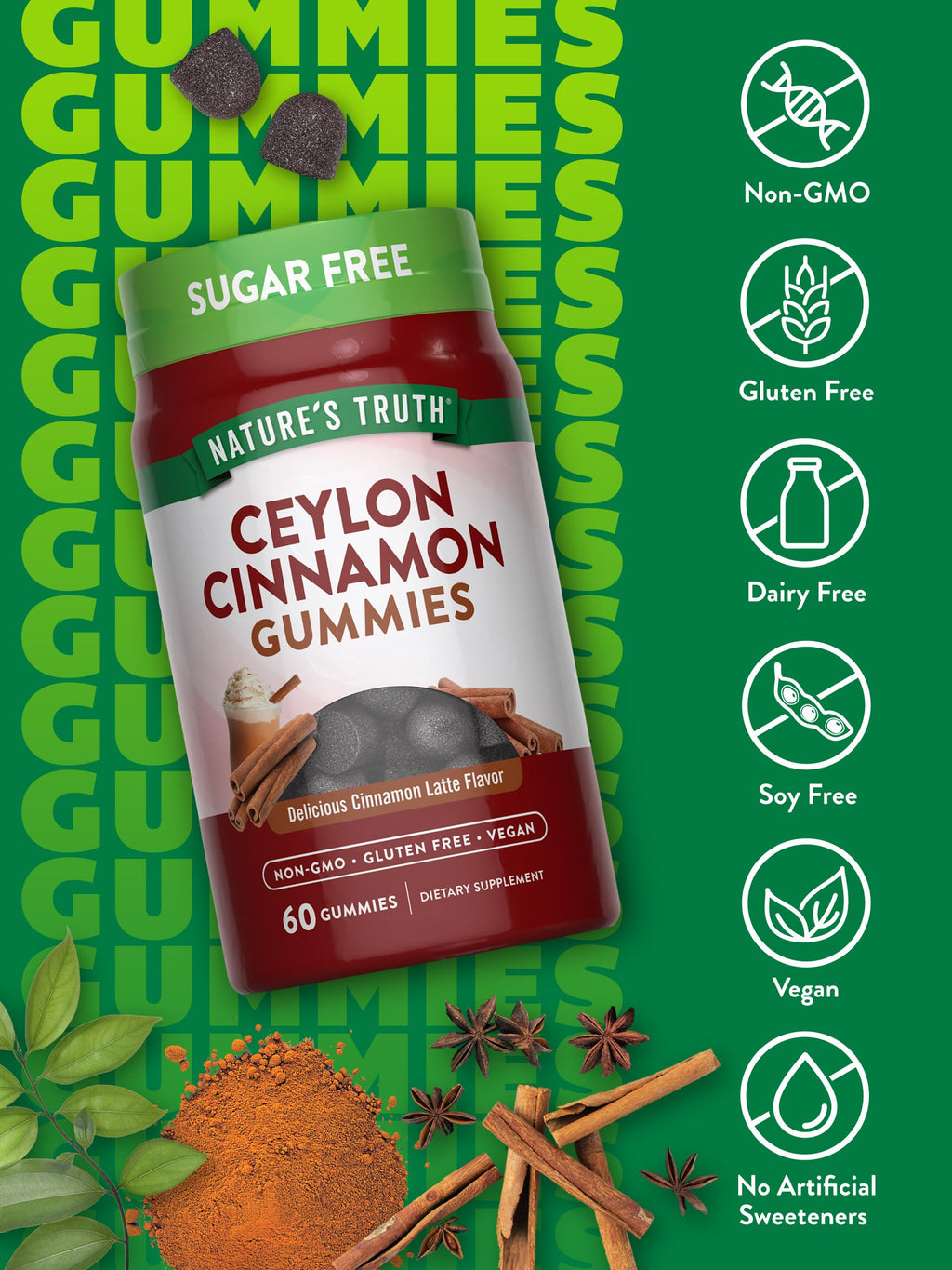 Side view of Nature Truth Ceylon Cinnamon Gummies bottle