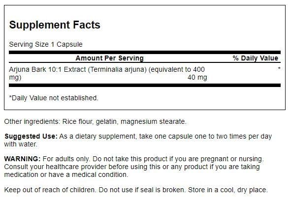 Swanson premium imported arjuna bark 10 to 1 extract supplement label details