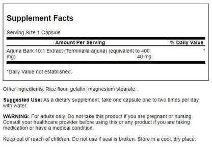 Swanson premium imported arjuna bark 10 to 1 extract supplement label details