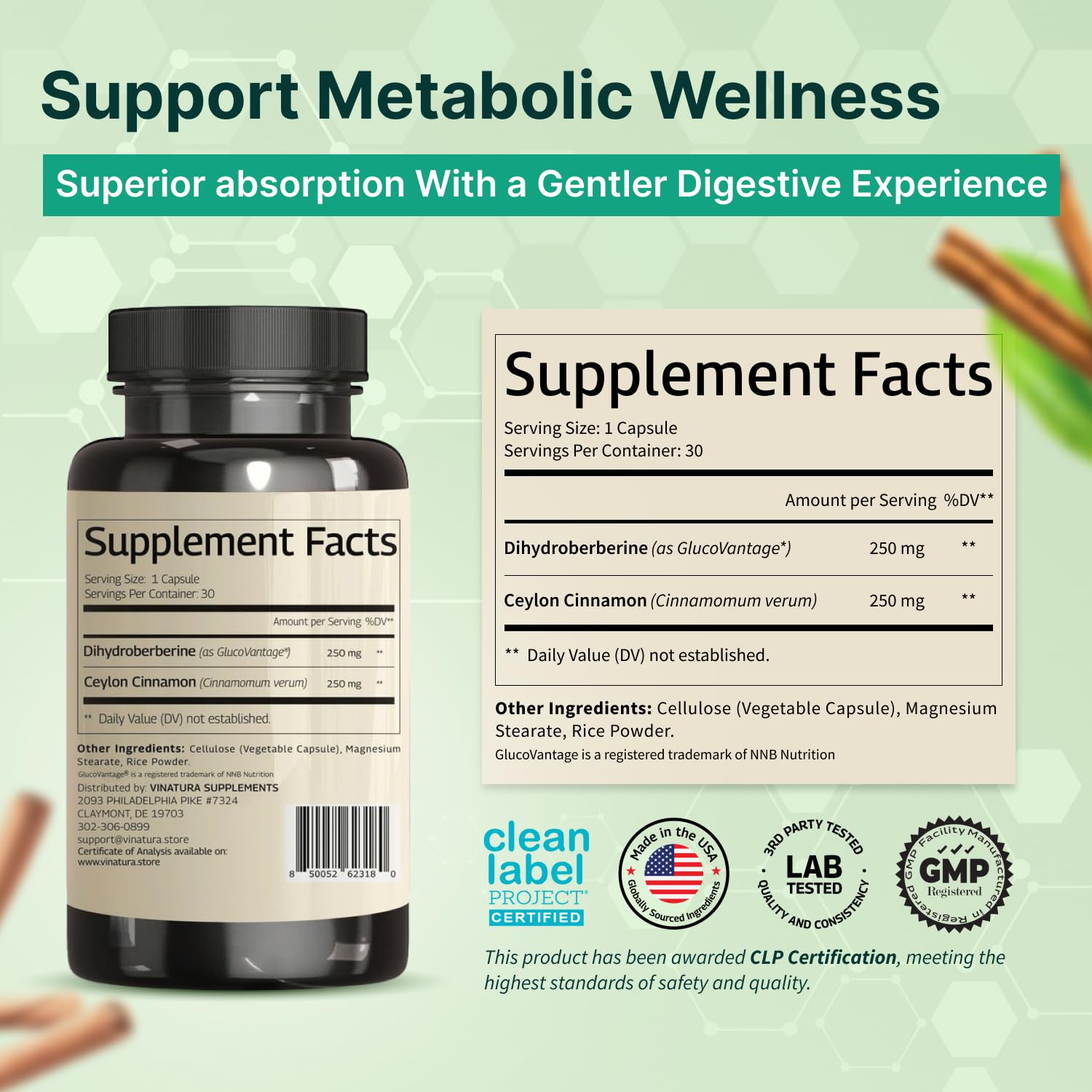 Vinatura Dihydroberberine supplement label showing 30 capsules