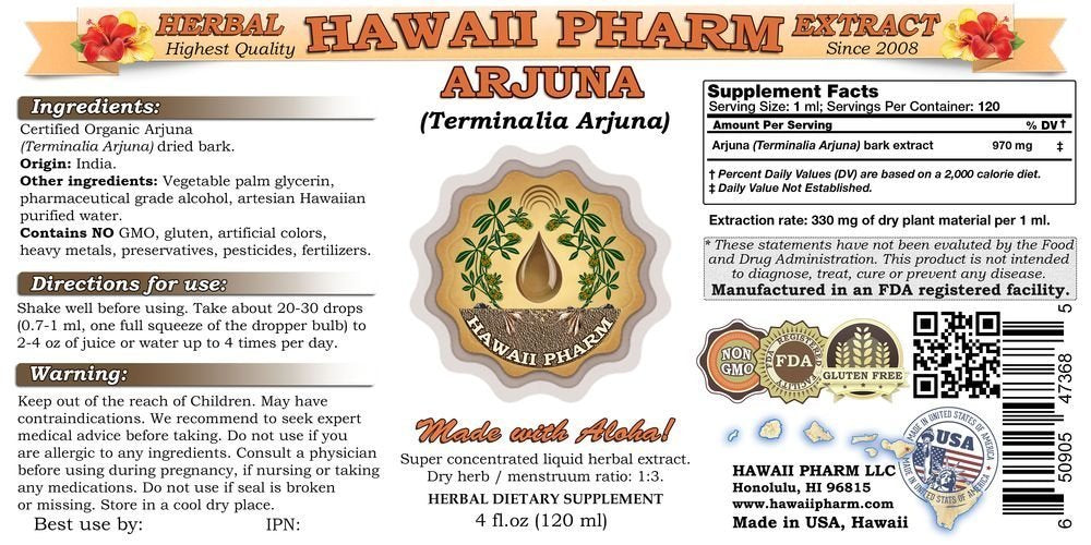 Hawaii Pharm Terminalia Arjuna four ounce tincture label details and ingredients