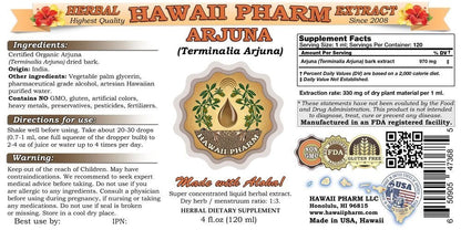 Hawaii Pharm Terminalia Arjuna four ounce tincture label details and ingredients